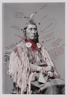 Wendy Red Star, 1880 Crow Peace Delegation: Peelatchiwaaxpáash/Medicine Crow (Raven), Peelatchixaaliash/Old Crow (Raven), Iichíilachkash/Long Elk, Déaxitchish/Pretty Eagle, Bia Eélisaash/Large Stomach Woman (Pregnant Woman) aka Two Belly, Alaxchiiaahush/Many War Achievements or Plenty Coups, aka Chíilaphuchissaaleesh/Buffalo Bull Facing The Wind, 2014, 10 inket prints and red ink on paper, Museum Purchase: Acquired with the assistance of The Ford Family Foundation and the Native American Art and Photography Funds, © Wendy Red Star, 2015.104.1a-j